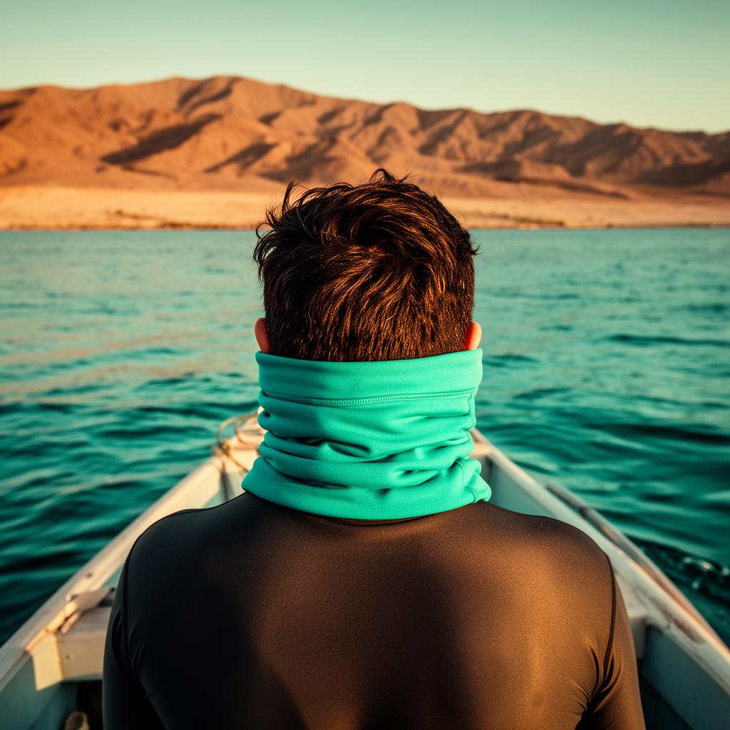 Persona llevando el Orca Buff UV+ edición Nebra en el mar